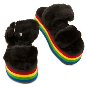 Theclub Black Faux Fur Rainbow Platform Sandals